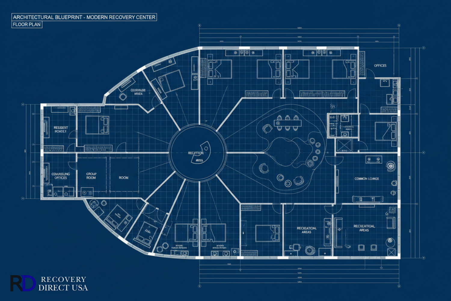 Architectural blueprint of a modern recovery center on a blue background